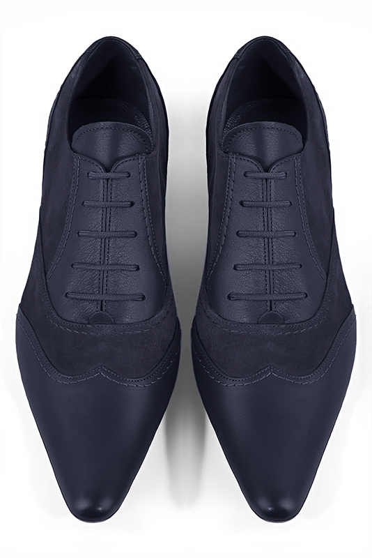 Navy blue lace-up dress shoes for men. Tapered toe. Flat leather soles. Top view - Florence KOOIJMAN